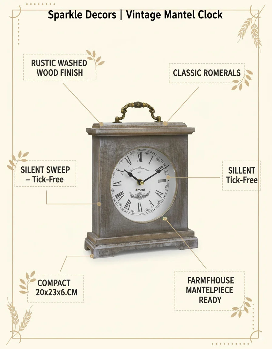 Sparkle Decors Vintage Washed Wood Mantel Clock – Rustic Roman Numerals Farmhouse Table Shelf Clock (20x23cm)