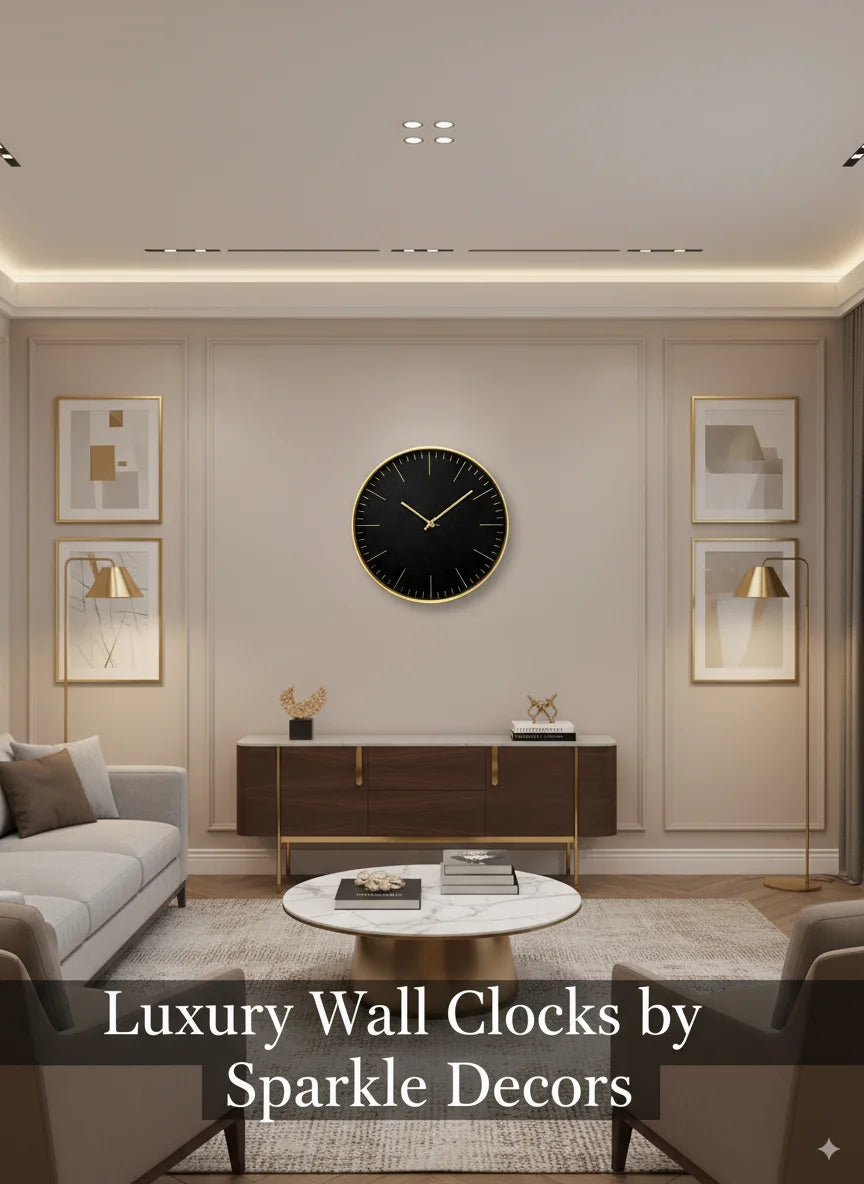Sparkle Decors Round Velvet Touch Wall Clock with Golden Metal Frame – Luxury 38cm Wall Clock (Beige)