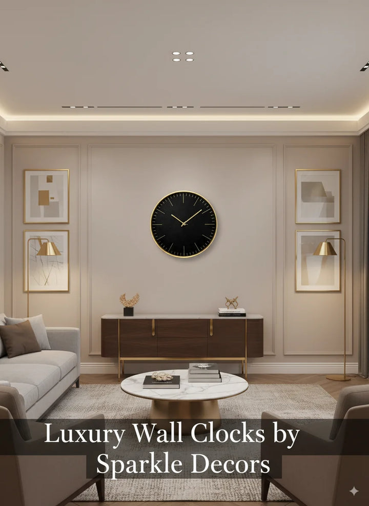 Sparkle Decors Round Velvet Touch Wall Clock with Golden Metal Frame – Luxury 38cm Wall Clock (Beige)