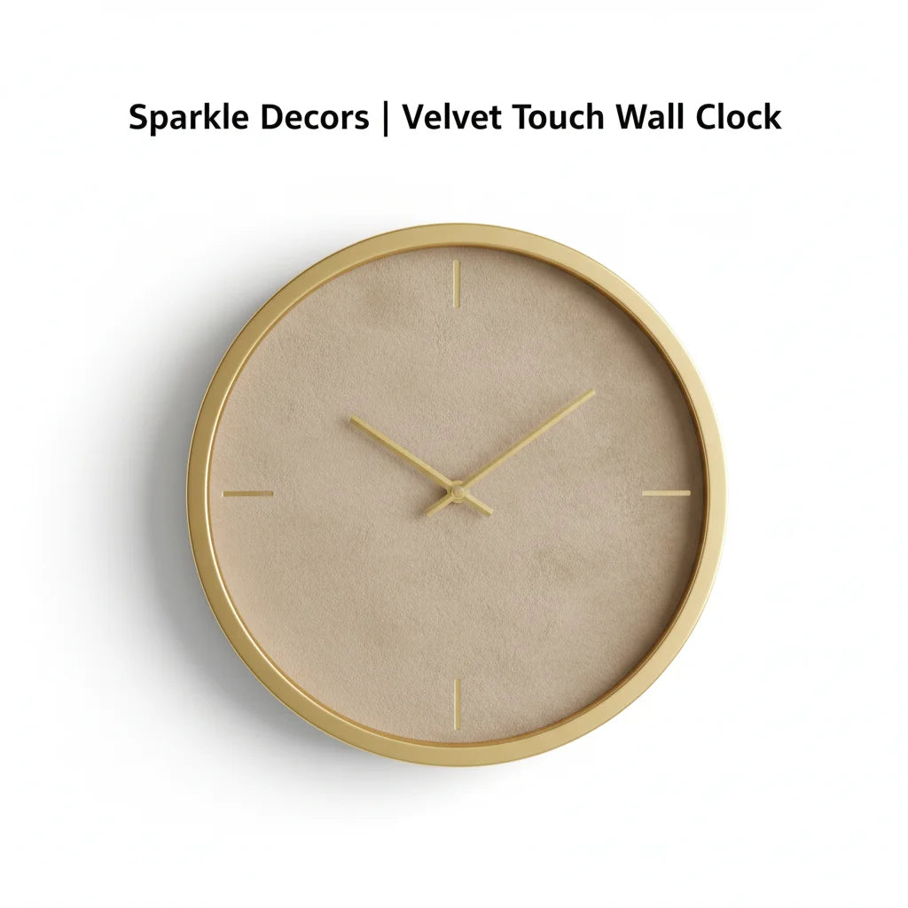 Sparkle Decors Round Velvet Touch Wall Clock with Golden Metal Frame – Luxury 38cm Wall Clock (Beige)