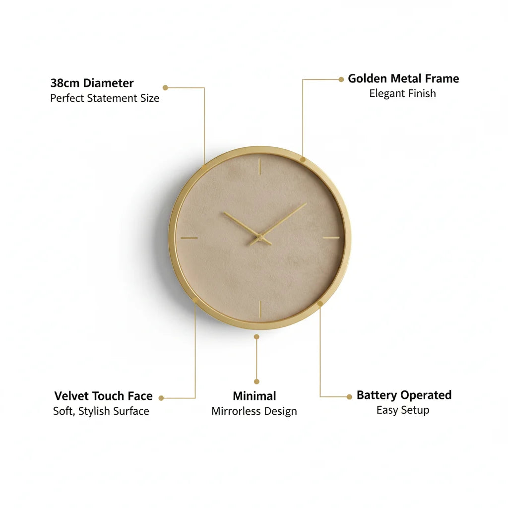 Sparkle Decors Round Velvet Touch Wall Clock with Golden Metal Frame – Luxury 38cm Wall Clock (Beige)