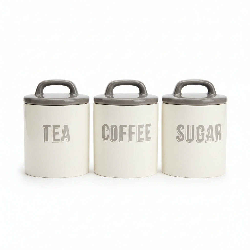Grey ceramic kitchen canisters tea coffee sugar