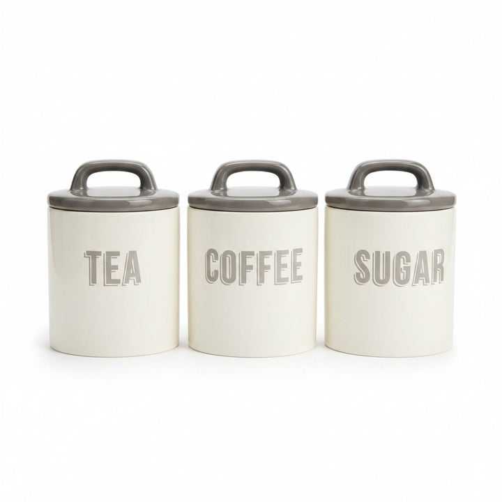 Grey ceramic kitchen canisters tea coffee sugar