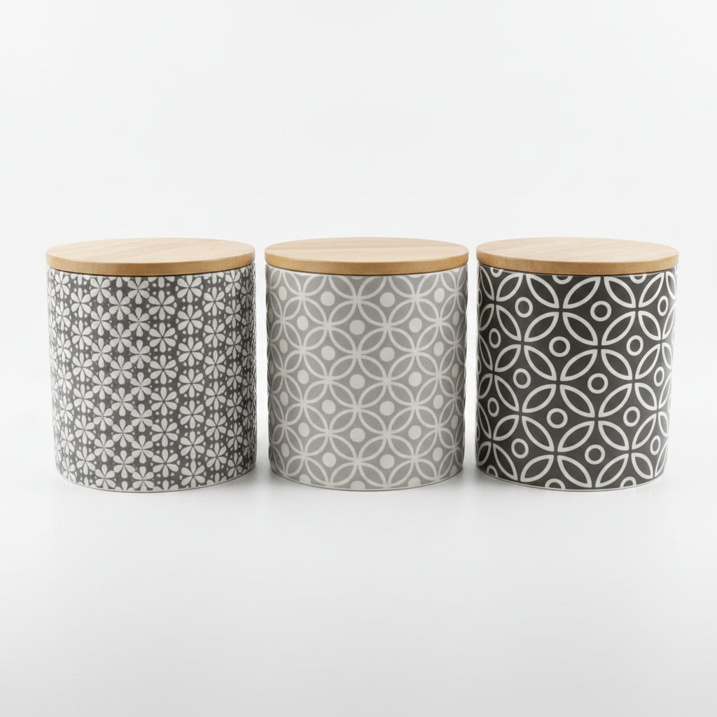 Grey ceramic storage jar set bamboo lids floral design