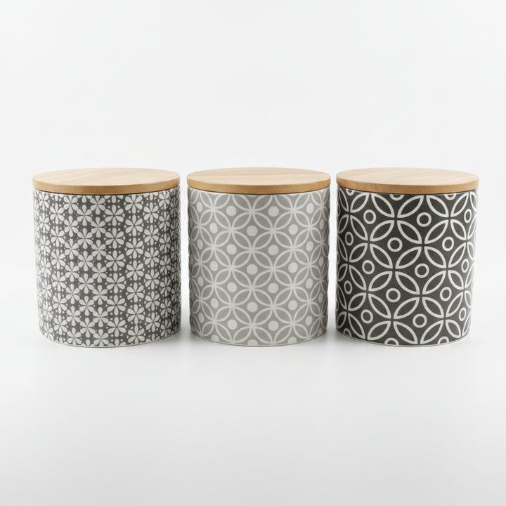 Grey ceramic storage jar set bamboo lids floral design