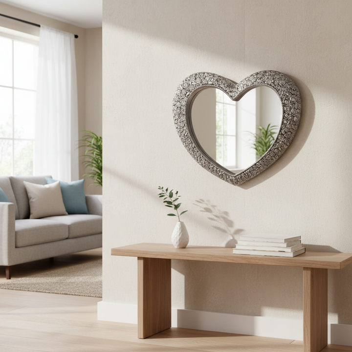 Heart-shaped mirror on a wall above a wooden console table in a living room.