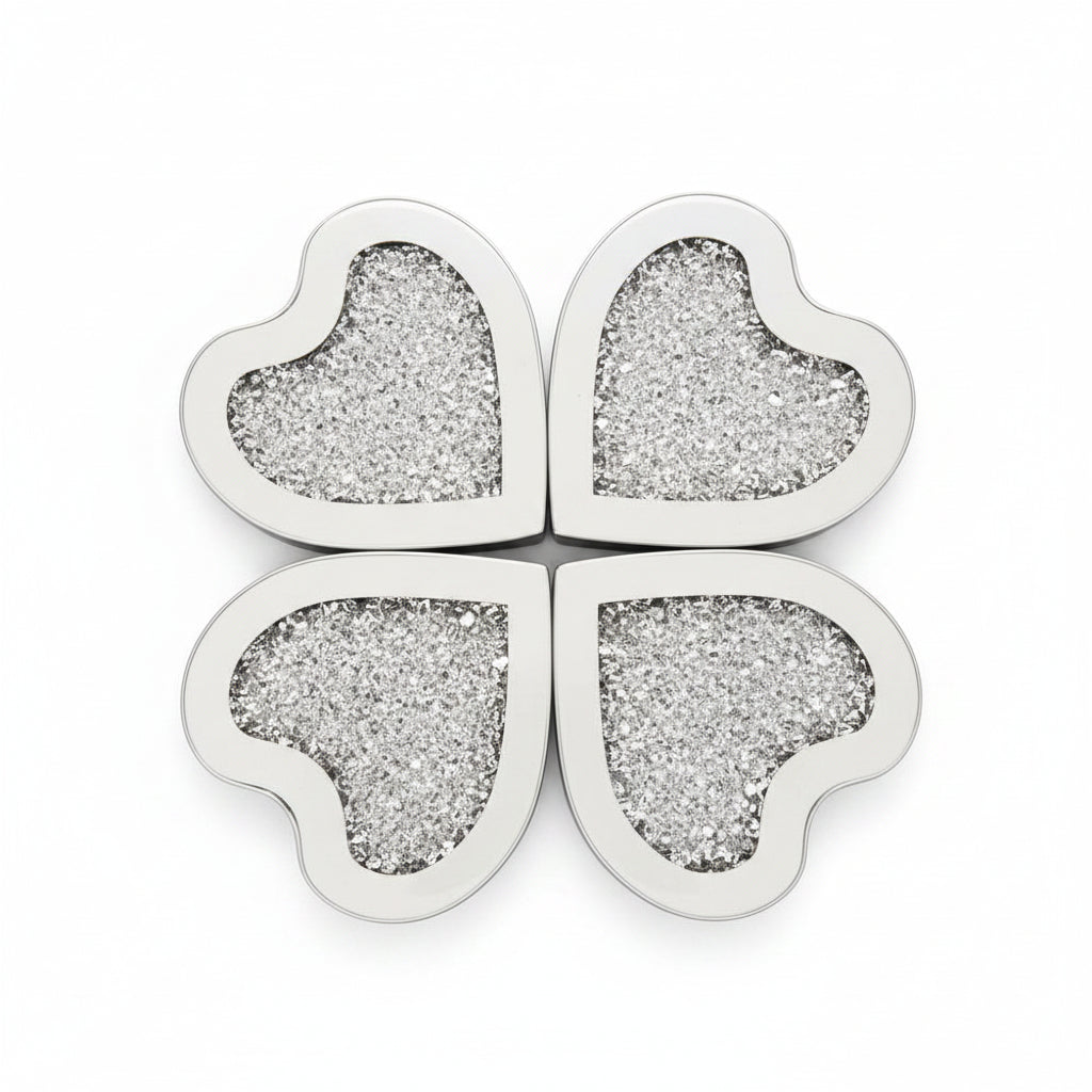 Heart mirror coaster set with crushed crystal diamante glass cup mats for luxury table décor