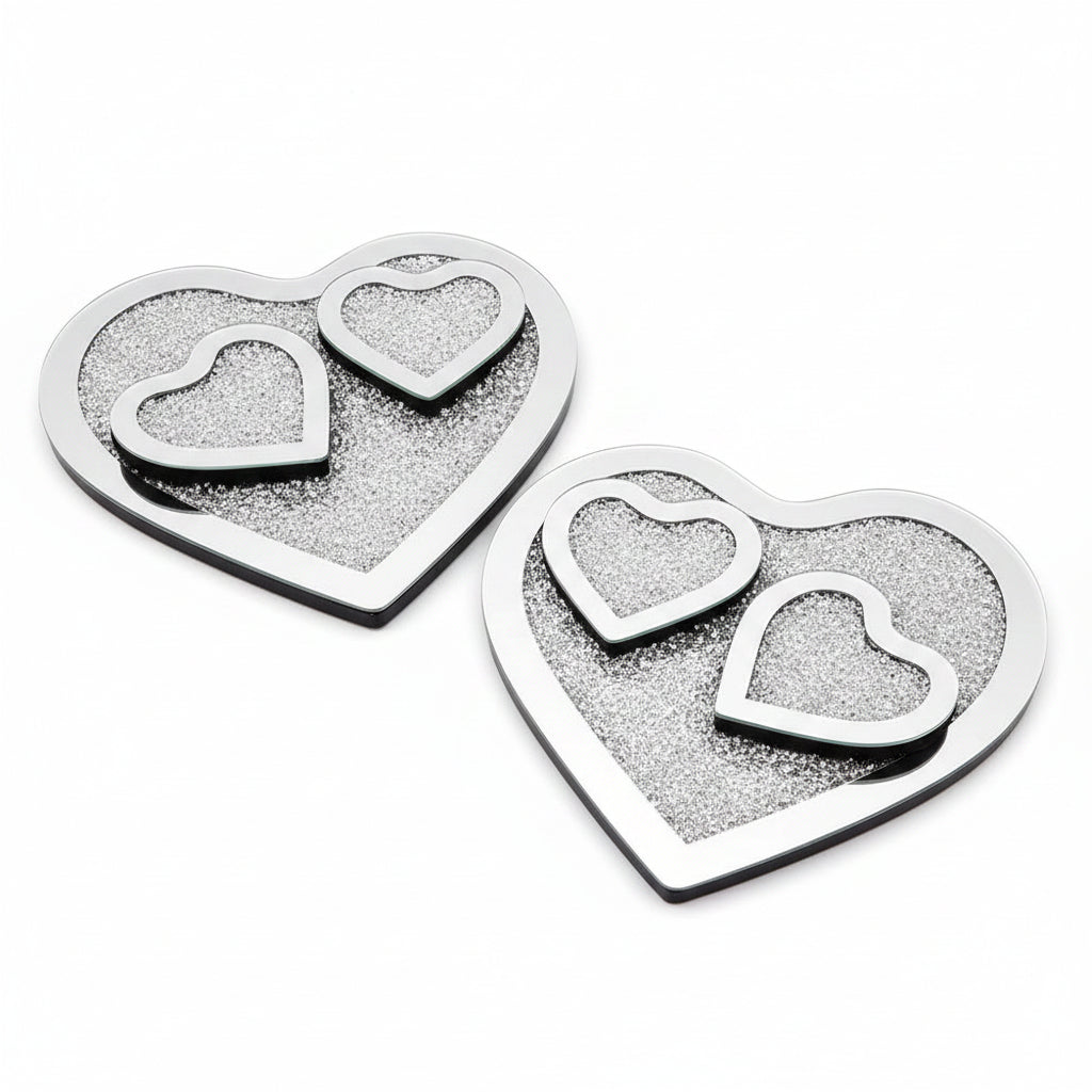 Heart shaped crushed diamond coaster placemat set