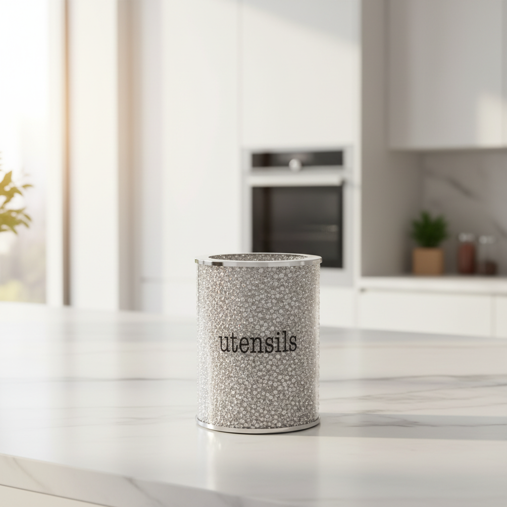 Kitchen utensil holder on a marble countertop with a blurred kitchen background