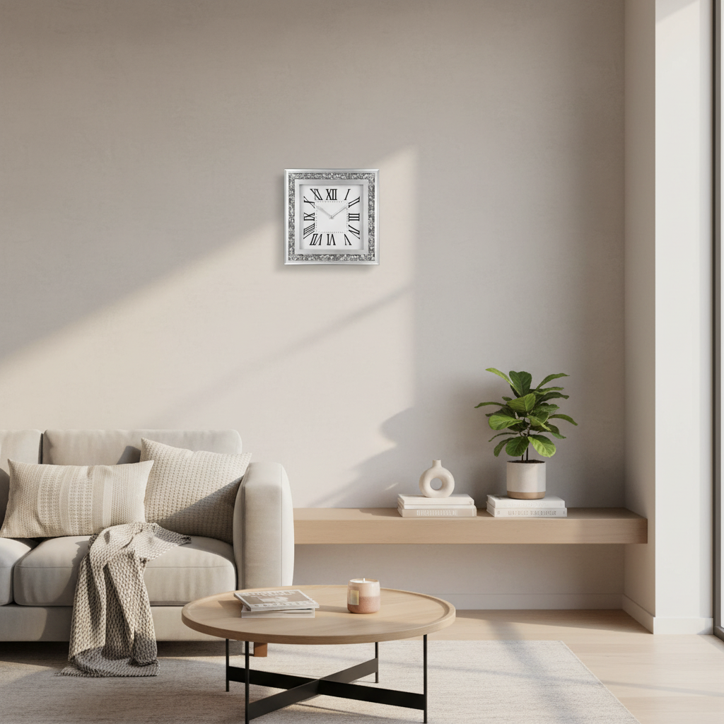 Living room with a wall clock, sofa, coffee table, and decorative items.