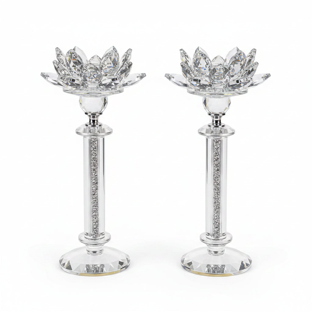 Lotus crystal candle holder set silver