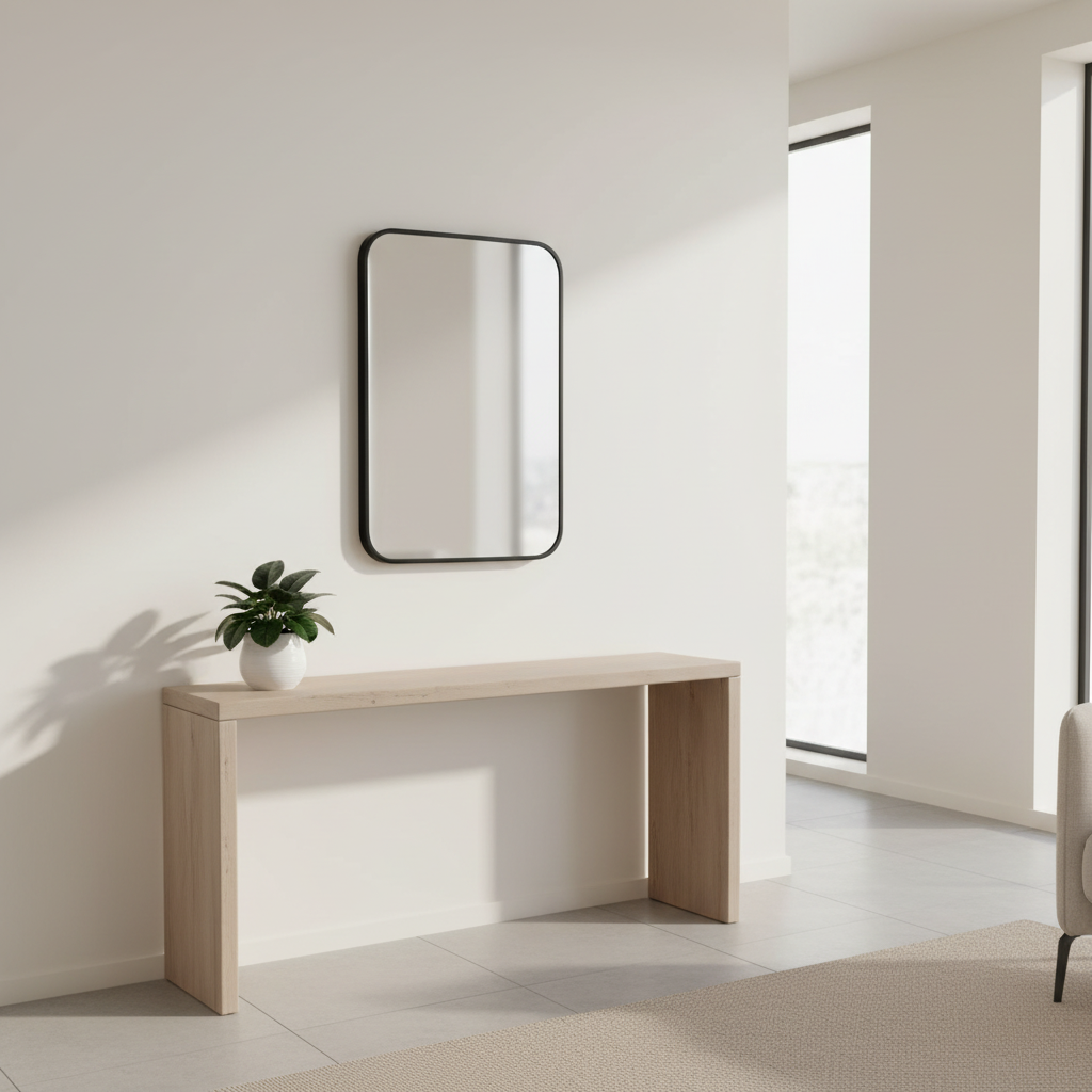 Minimalist interior with a light wood console table, plant, and mirror.