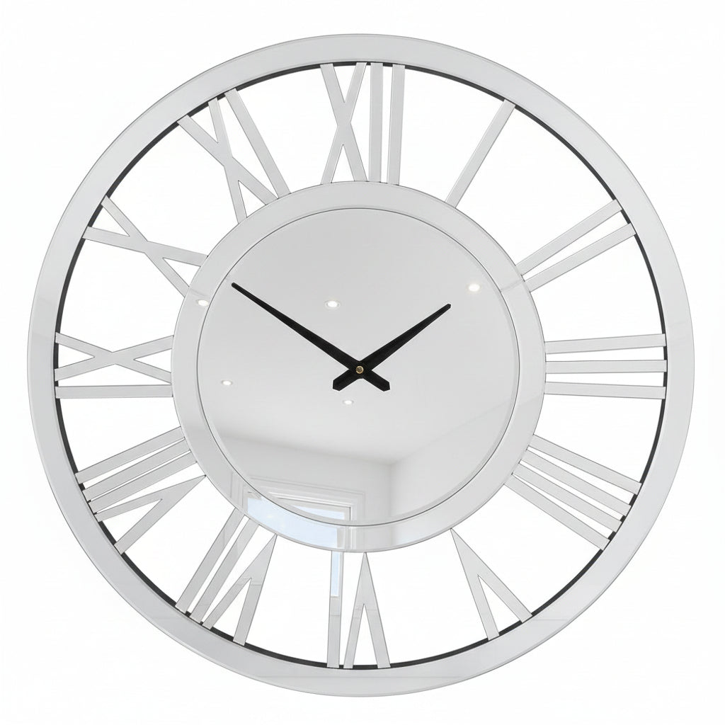 Mirrored roman numeral wall clock silver luxury decor
