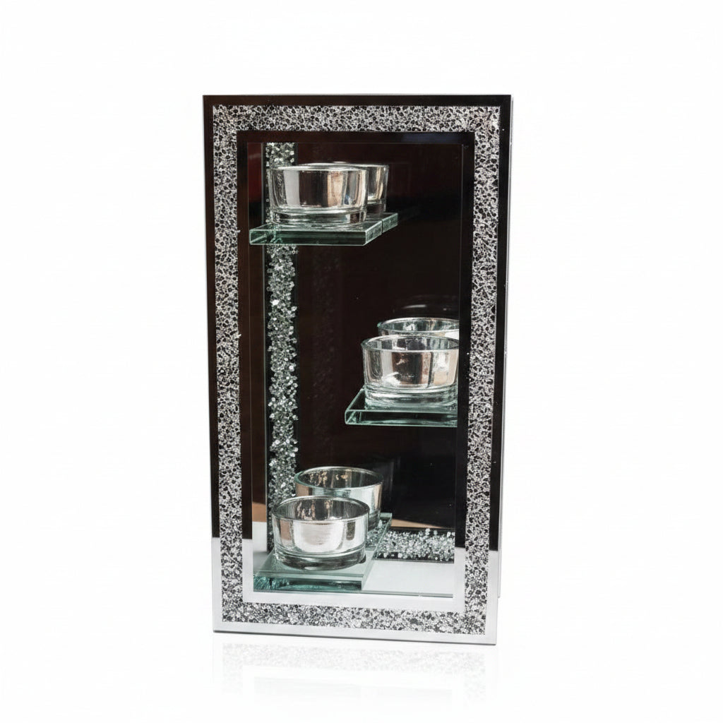 Mirrored tealight holder crushed jewel tower candle holder