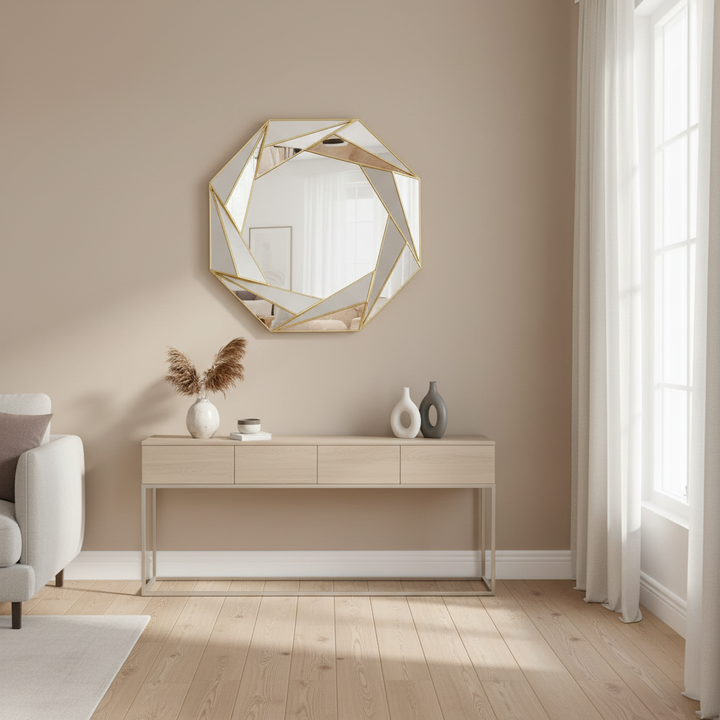 Modern interior with a geometric mirror on a beige wall, a console table with decor items, and a light-colored floor.