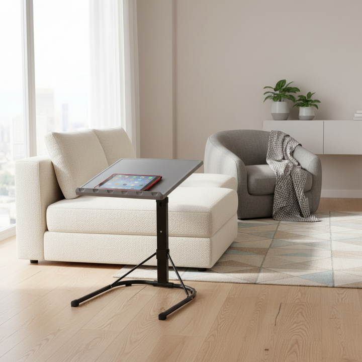 Modern living room with a adjustable table and tablet on top