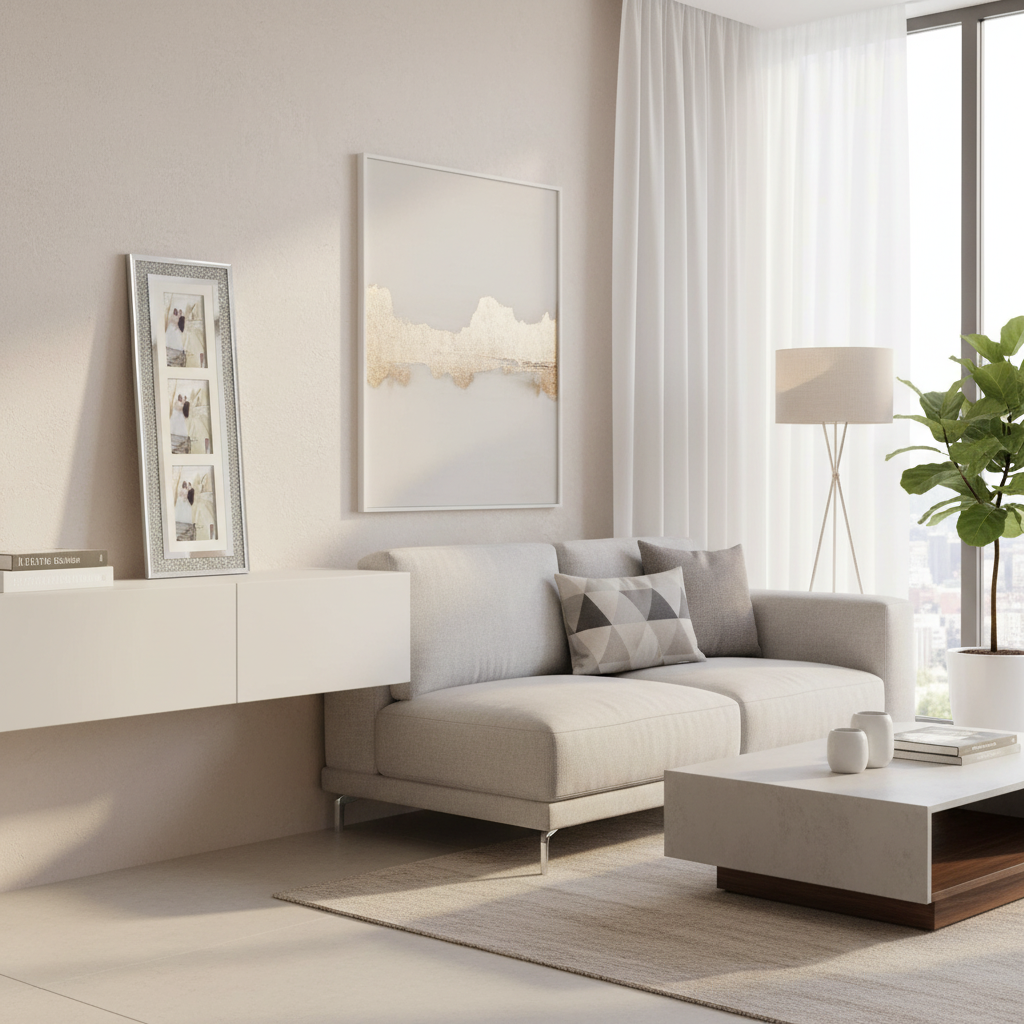 Modern living room with a beige sofa, coffee table, and decorative elements.