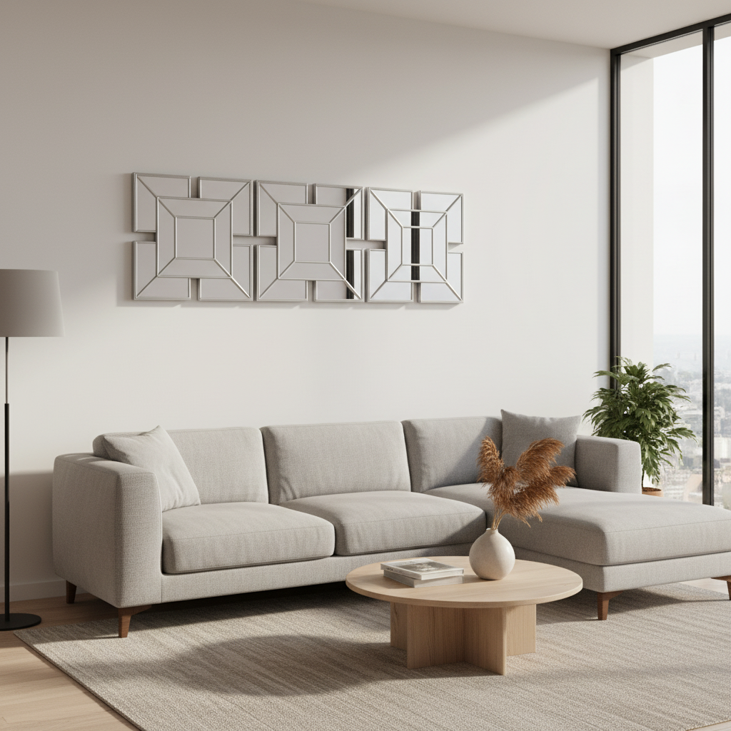 Modern living room with a gray sectional sofa, wooden coffee table, and decorative elements.