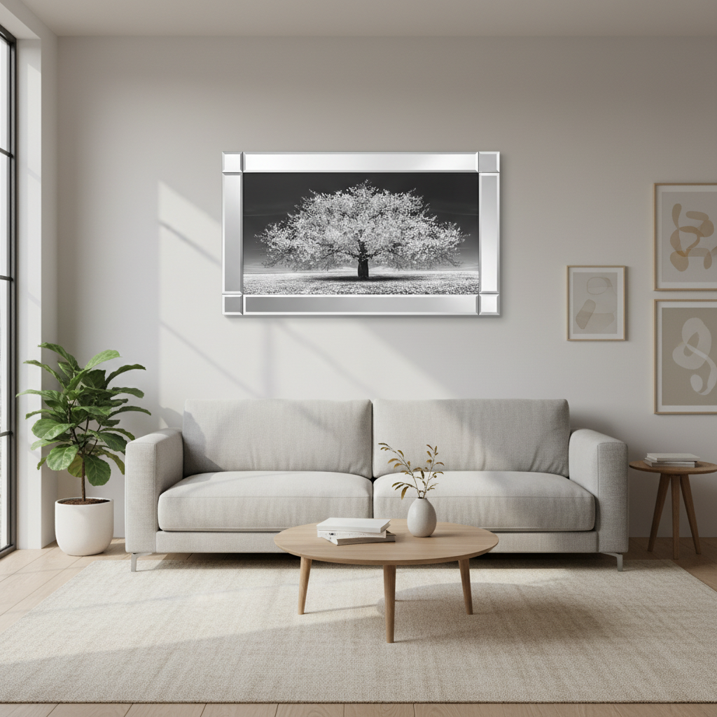 Modern living room with a gray sofa, round wooden coffee table, and framed black and white tree artwork on the wall.