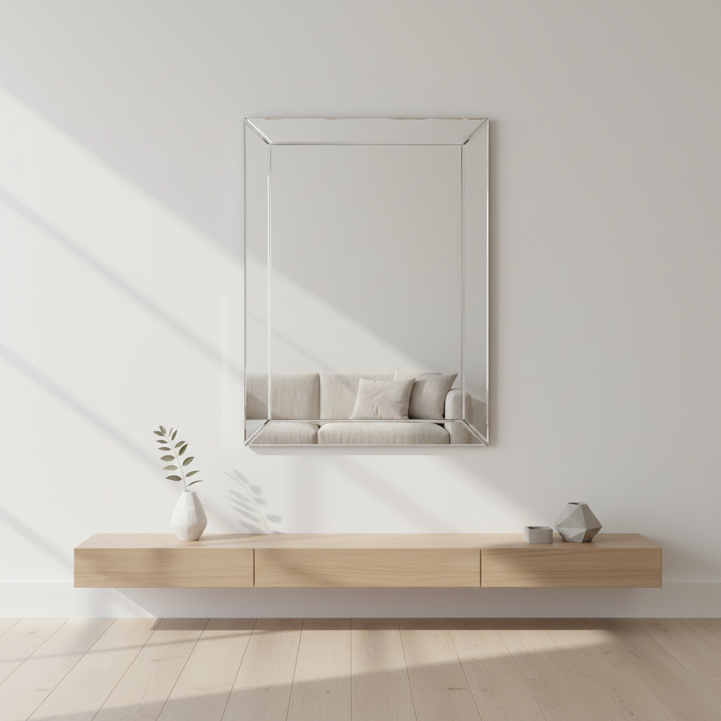 Modern living room with a large mirror on the wall reflecting a sofa, and a wooden console table below.