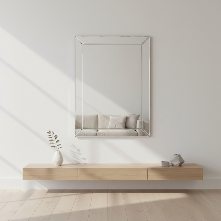 Modern living room with a large mirror on the wall reflecting a sofa, and a wooden console table below.