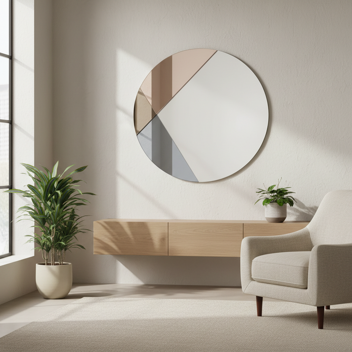 Modern living room with a round mirror, wooden console table, and beige armchair.