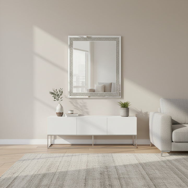 Modern living room with a white console table, mirror, and gray sofa.