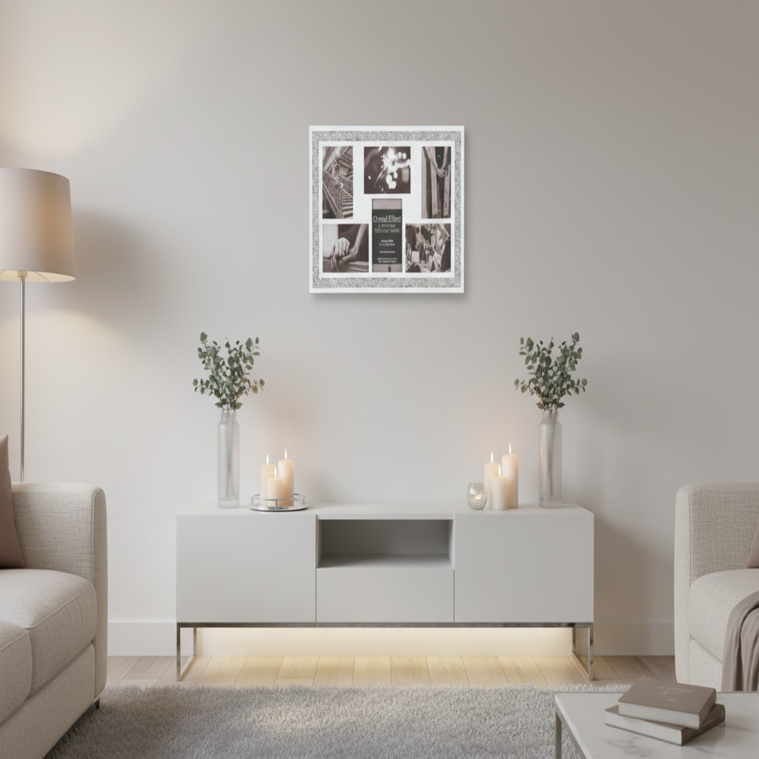 Modern living room with a white entertainment console, decorative candles, and a framed photo collage on the wall.