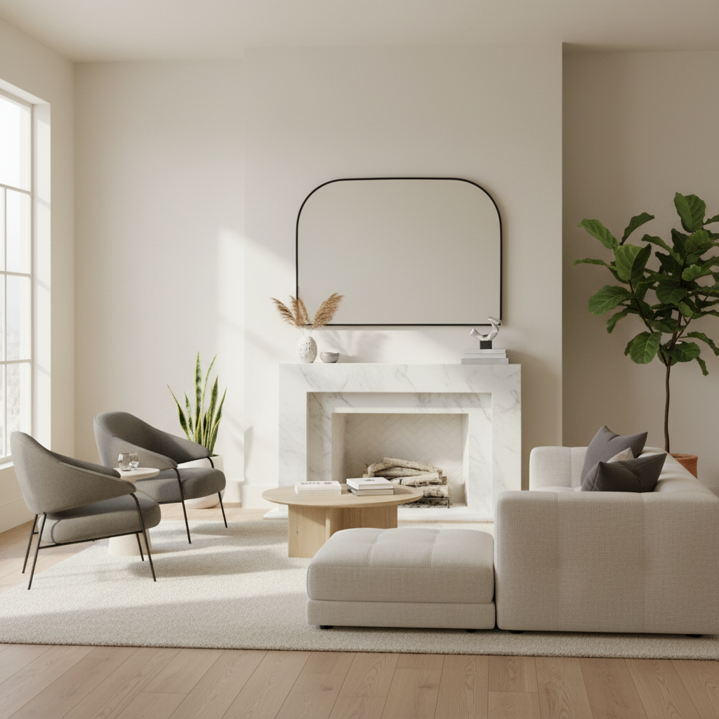 Modern living room with a white sofa, gray chairs, and a fireplace.