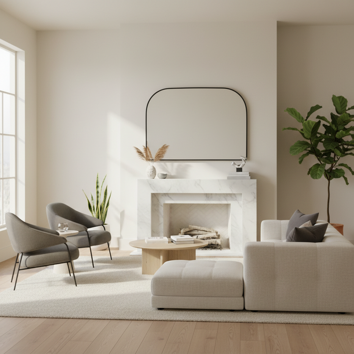 Modern living room with a white sofa, gray chairs, and a fireplace.