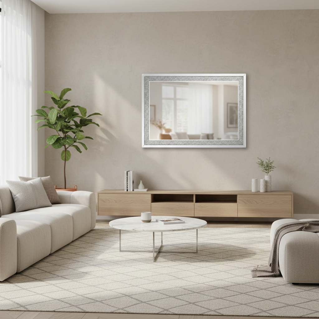 Modern living room with beige walls, a white sofa, wooden TV stand, and decorative mirror.
