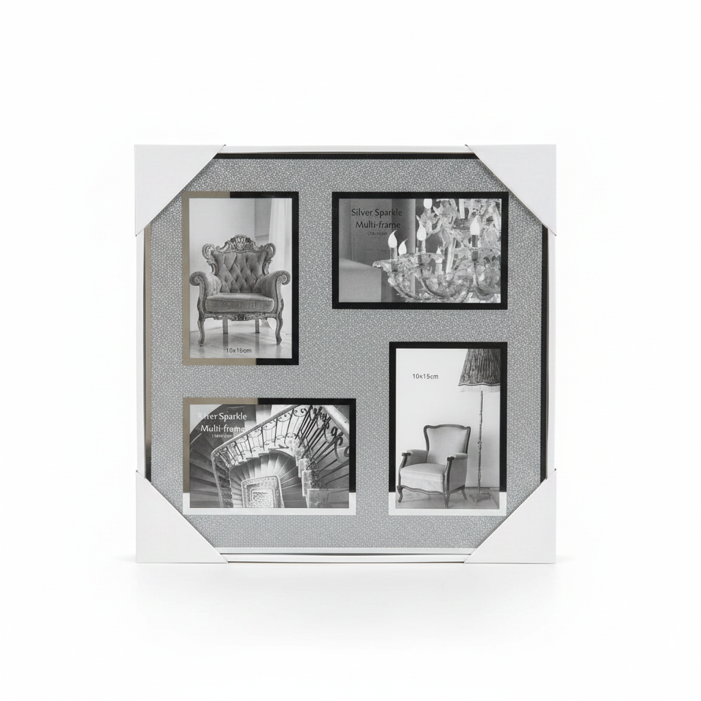 Multi-picture frame with four black and white photos on a white background