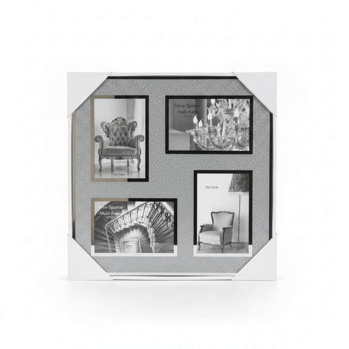 Multi-picture frame with four black and white photos on a white background