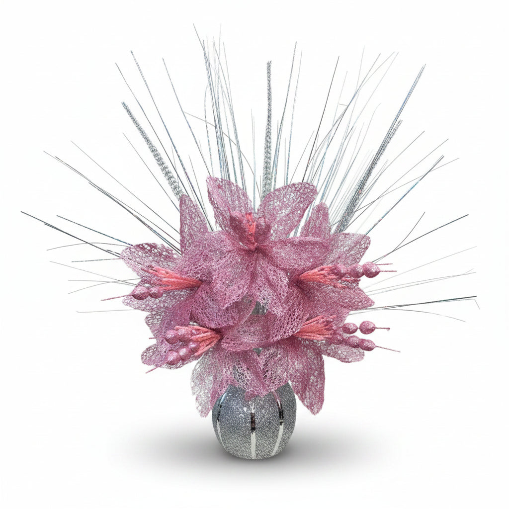 Pink artificial glitter flower bunch 6 stems