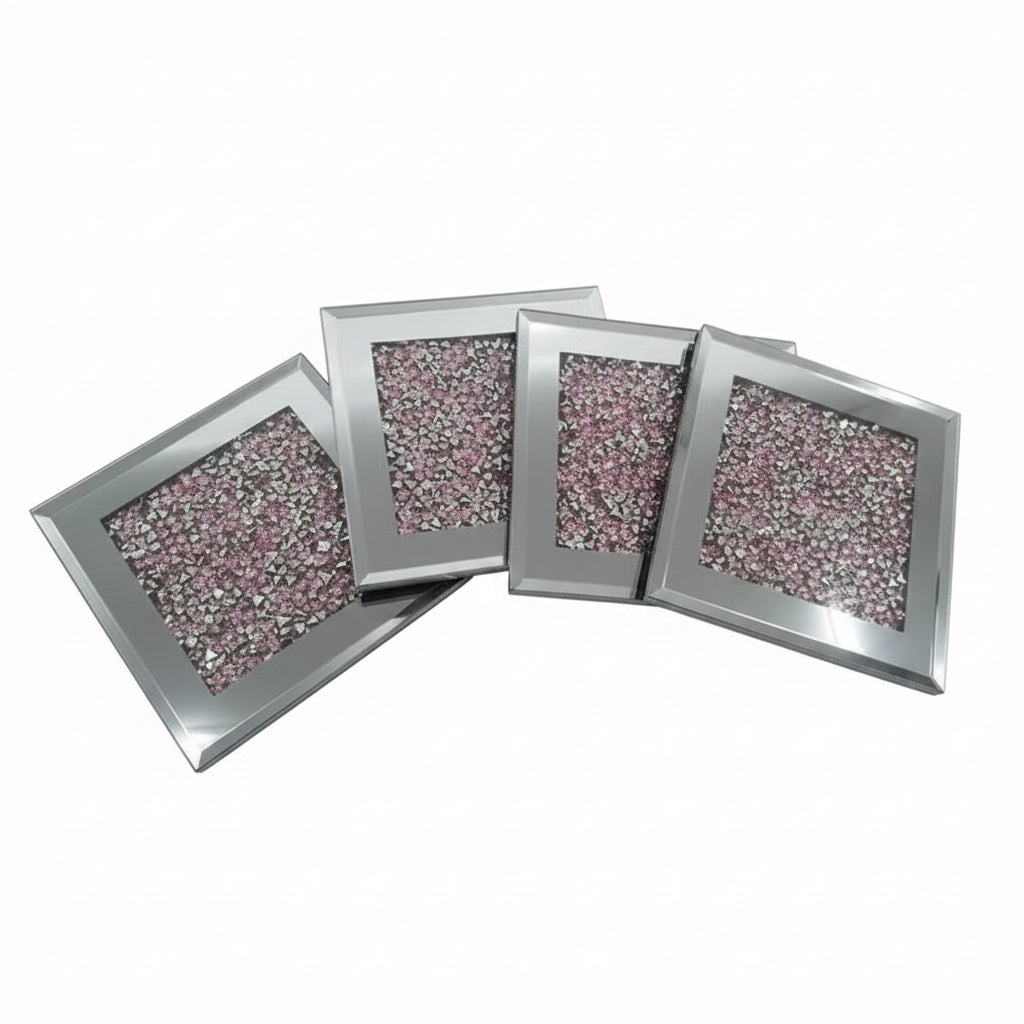 Pink mirror crushed jewel coasters set