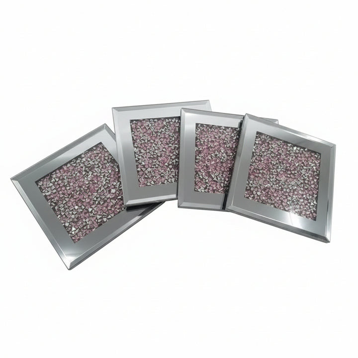 Pink mirror crushed jewel coasters set