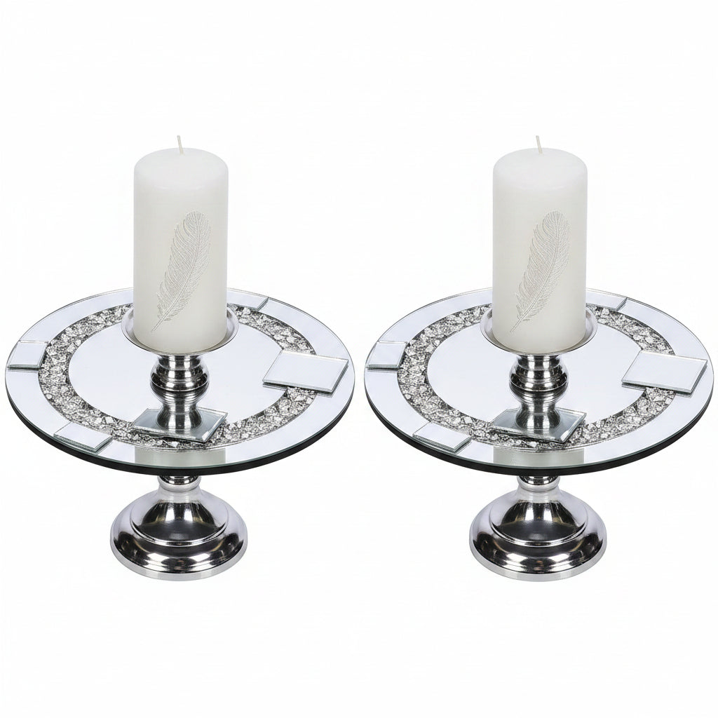 Round diamante mirrored candle plate 25cm set of 2