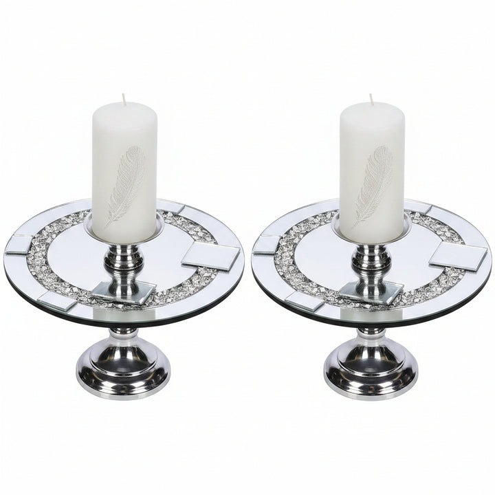 Round diamante mirrored candle plate 25cm set of 2