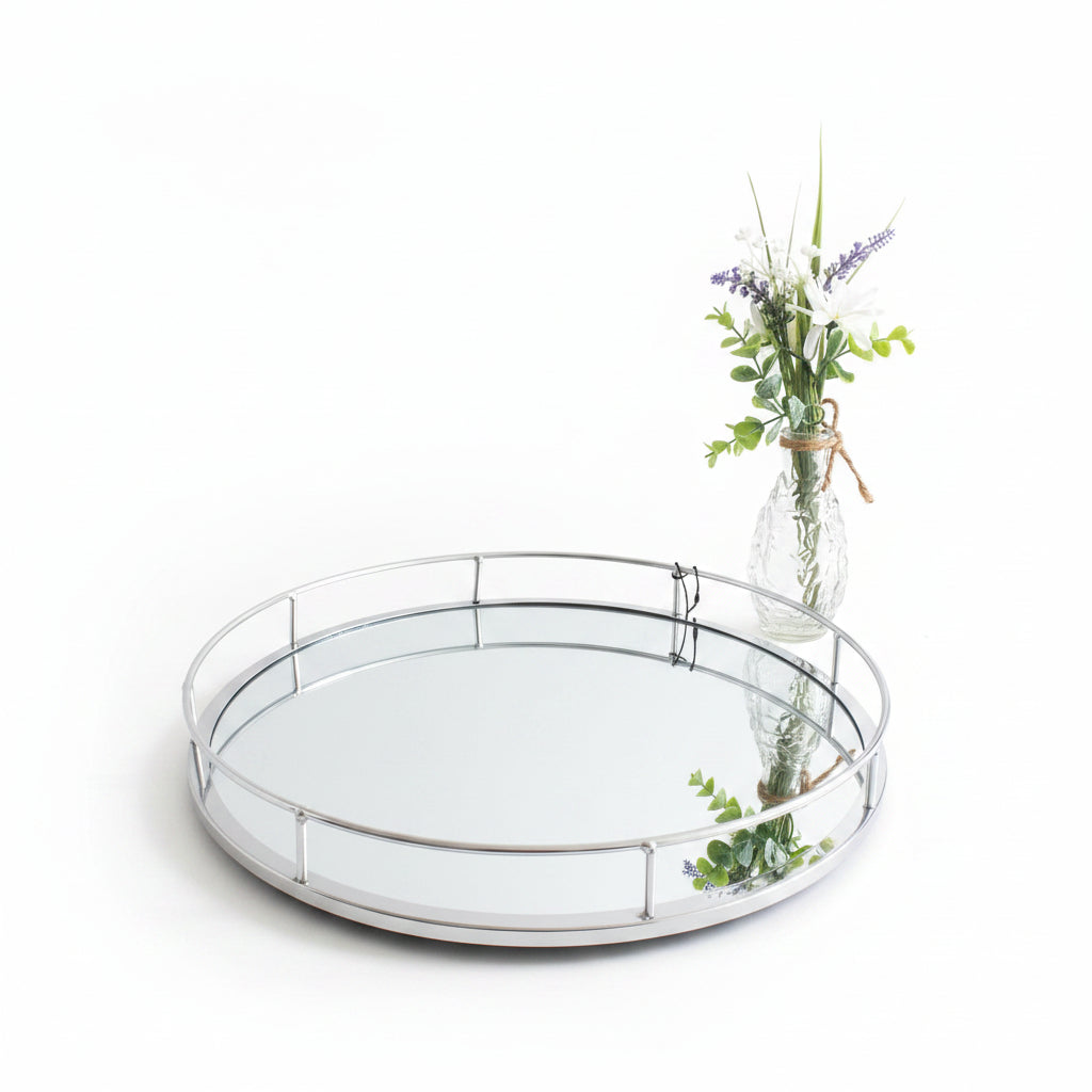 Round silver mirror candle tray 38cm