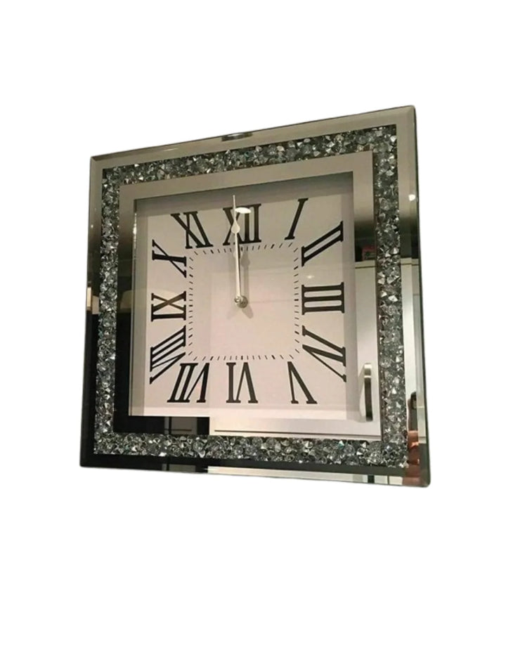 Square Crystal Mirror Wall Clock – 35cm Roman Numerals – Sparkle Decors