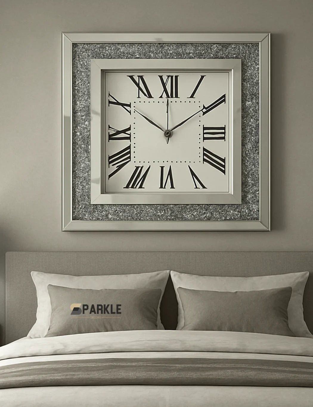 Square Crystal Mirror Wall Clock – 35cm Roman Numerals – Sparkle Decors