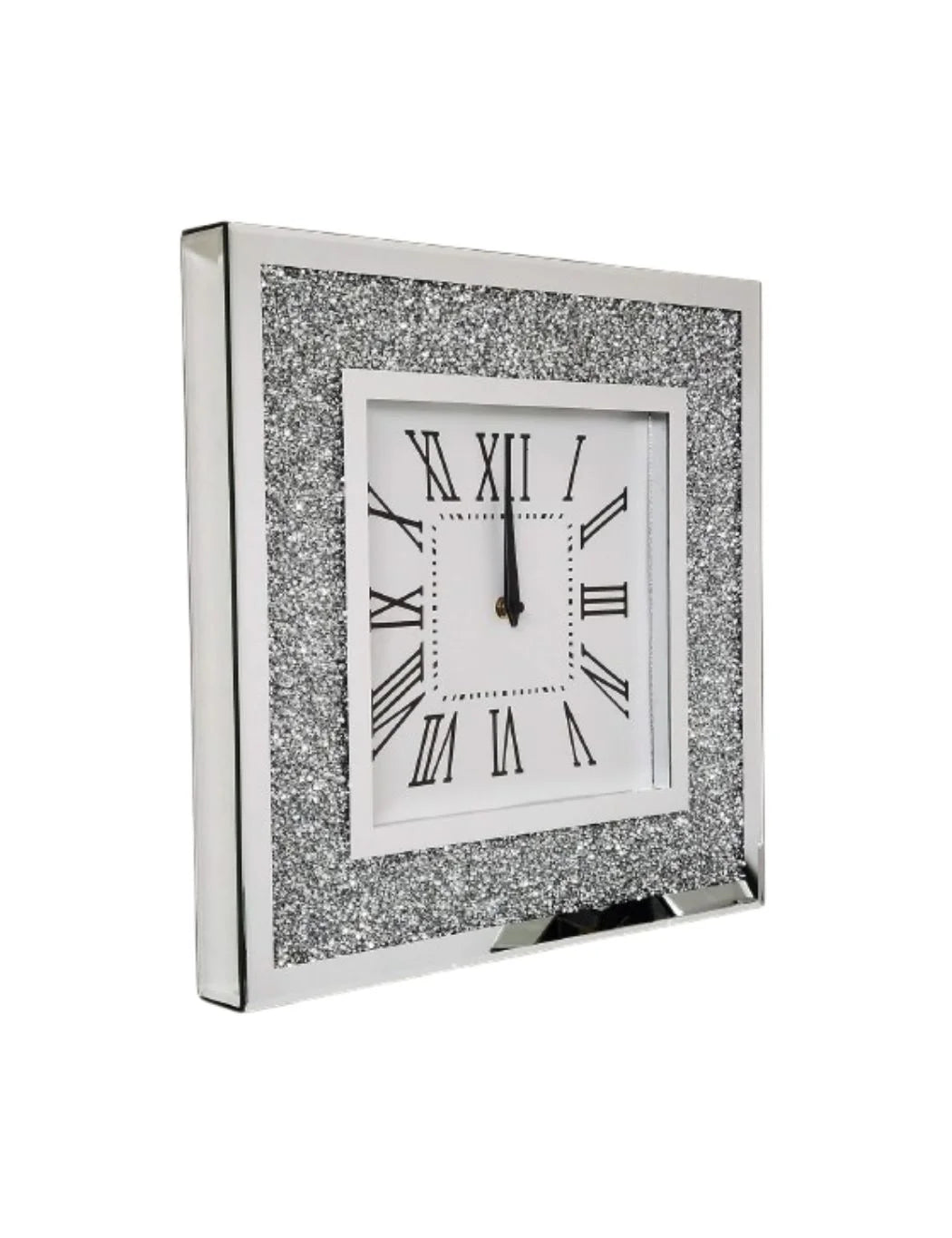Luxury Diamond Crystal Mirror Clock 40cm – Silent Square Silver | Sparkle Decors UK