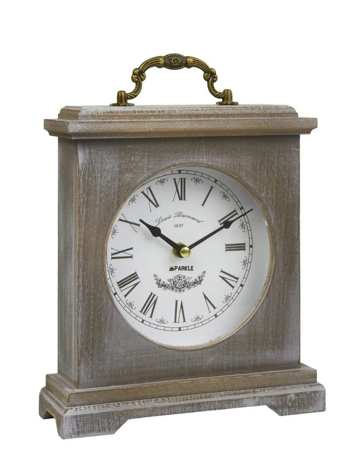 Sparkle Decors Vintage Washed Wood Mantel Clock – Rustic Roman Numerals Farmhouse Table Shelf Clock (20x23cm)