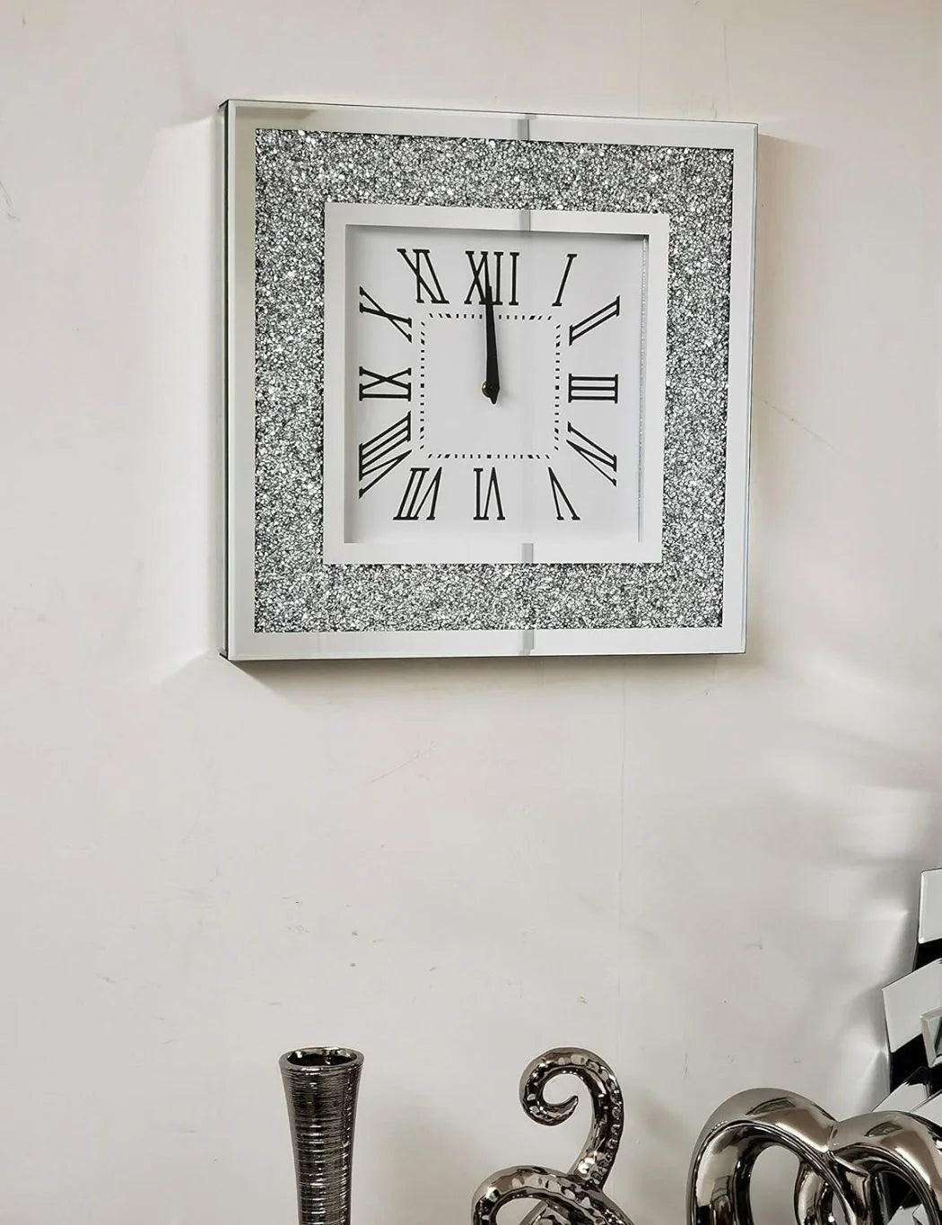 Luxury Diamond Crystal Mirror Clock 40cm – Silent Square Silver | Sparkle Decors UK