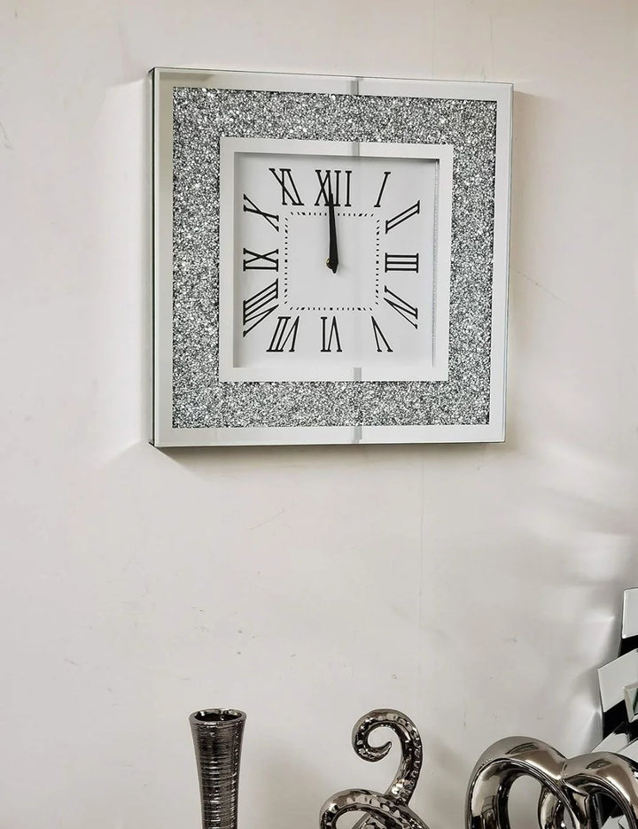 Luxury Diamond Crystal Mirror Clock – 40cm Silent Square – Sparkle Decors