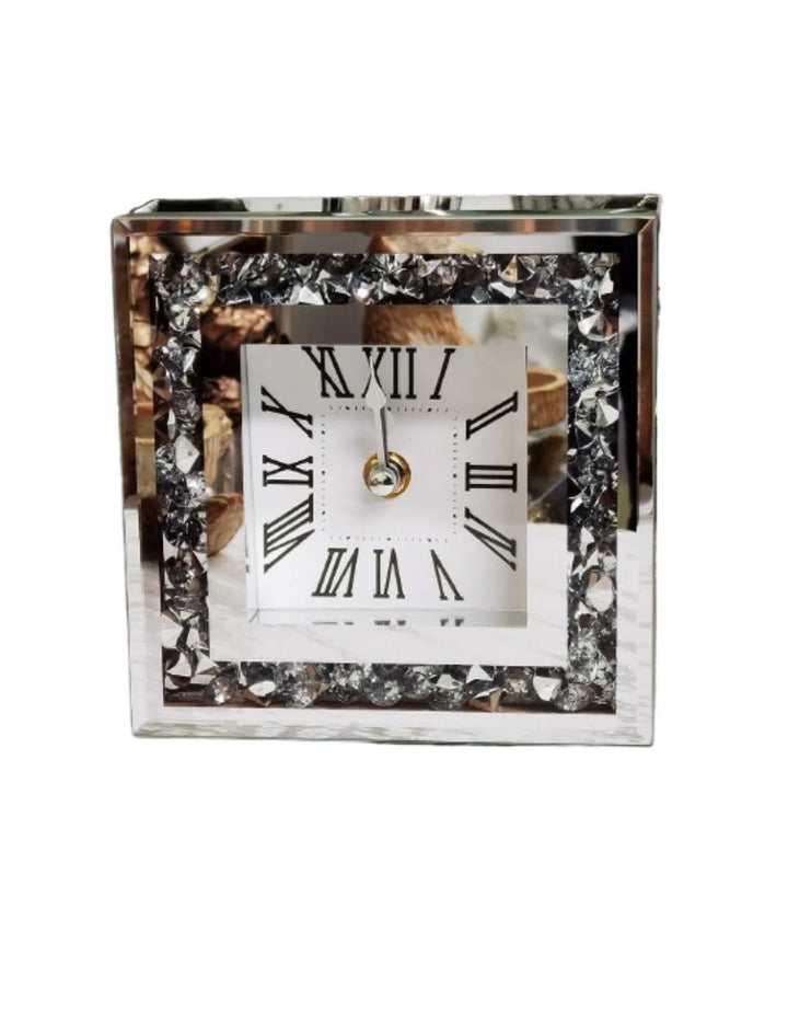 Elegant Diamante Glass Table Clock – Silver Mirror 15cm – Sparkle Decors