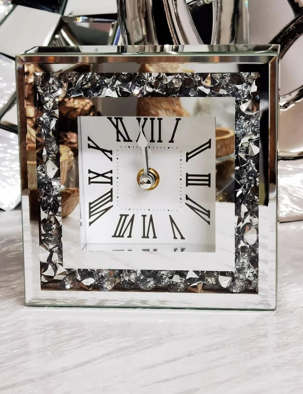 Elegant Diamante Glass Table Clock – Silver Mirror 15cm – Sparkle Decors