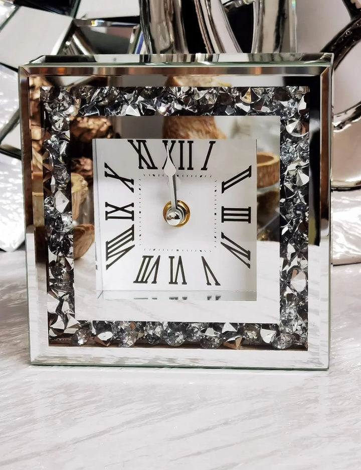 Elegant Diamante Glass Table Clock – Silver Mirror 15cm – Sparkle Decors
