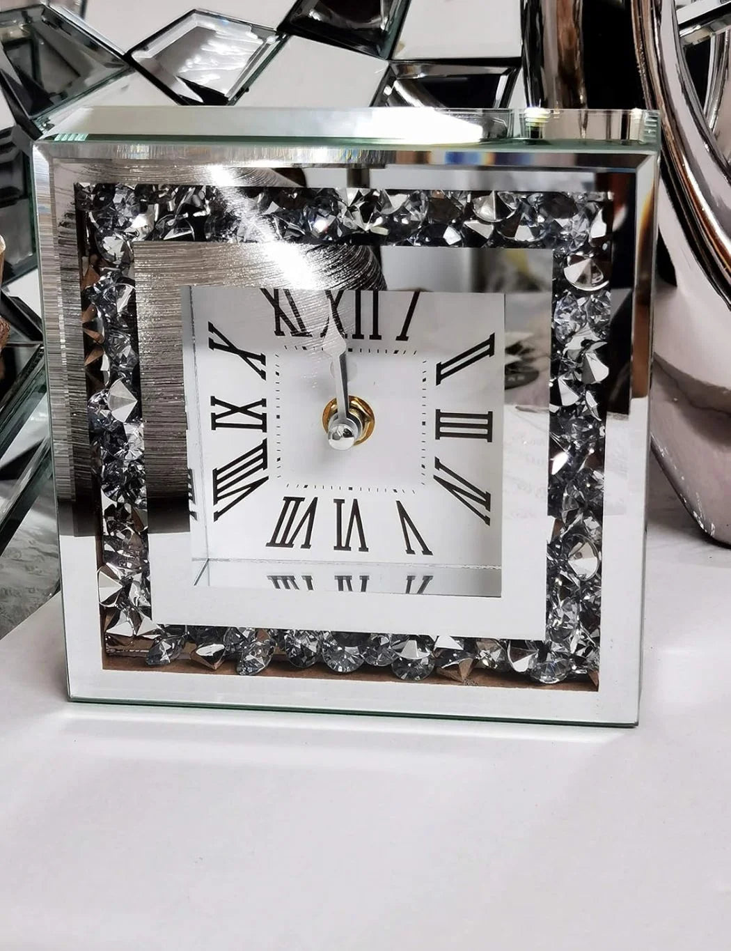 Elegant Diamante Glass Table Clock – Silver Mirror 15cm – Sparkle Decors
