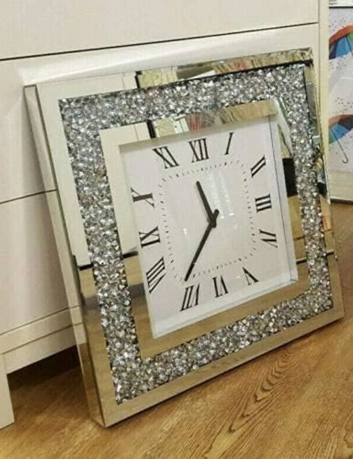 Square Diamante Mirror Clock – Wall or Table Design – Sparkle Decors